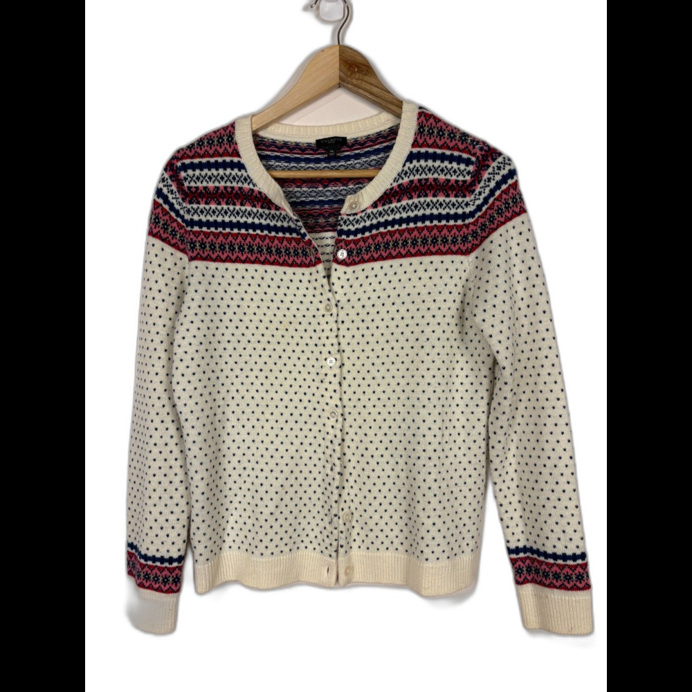 Talbots Cream Pink Fair Isle Nordic Style Cardigan Size Medium Petite Wool Blend